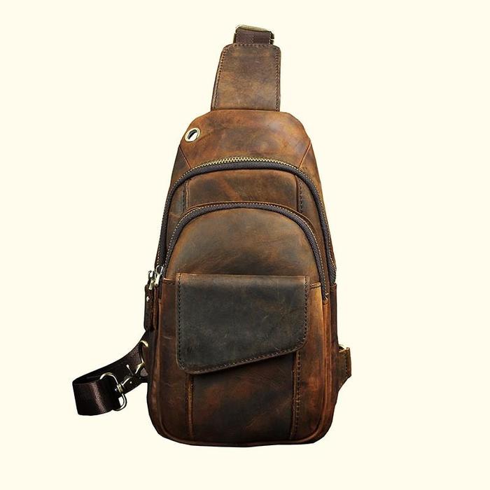 Crazy Horse Leather Casual Fashion Chest Sling Bag Leather Bags Gallery