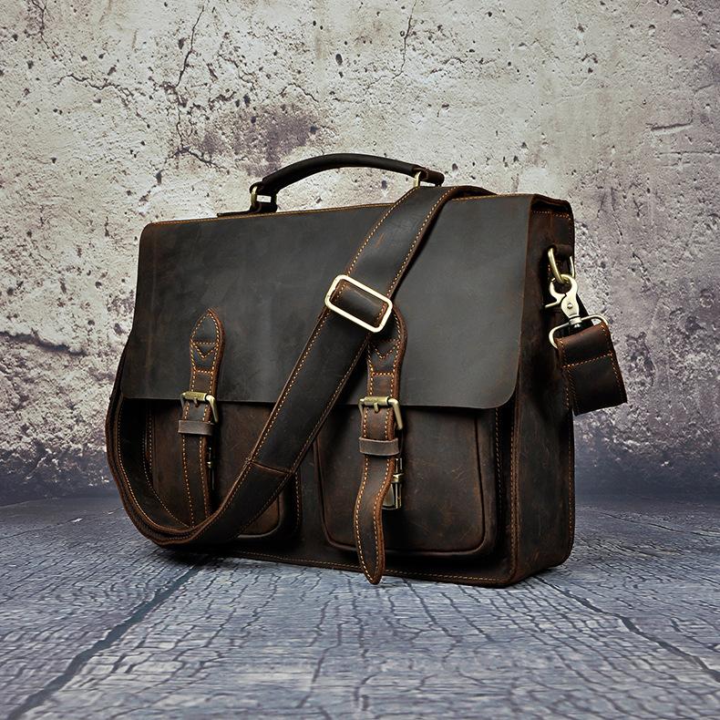 Men's Crazy Horse Leather Retro Designer Business Briefcase Leather Bags Gallery
