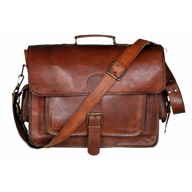 17" Men Real Leather Vintage Very Strong Messenger Shoulder Laptop Bag  Briefcase